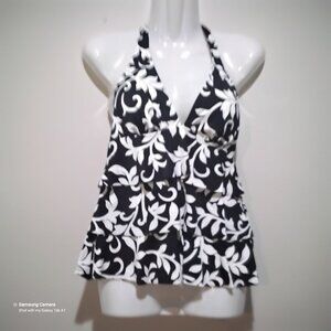 Caribbean Joe Black & White 3-Teired Halter Tankini Swim Top Separates NWT 10